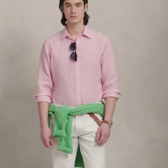 Ralph Lauren Classic Fit Striped Linen Shirt Pink/White 
size Large - Picture 8 of 12